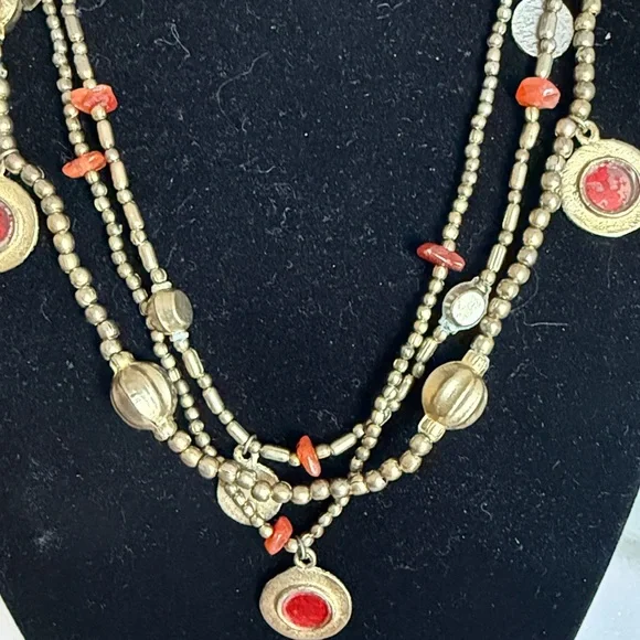 Vintage Multi-Strand Beaded Necklace Red Stone Charms Antique Gold SilverTone - Picture 3 of 6